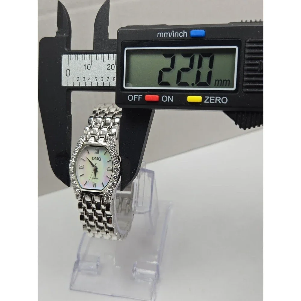 DMQ Diamonique Womens Silver Tone Mother Of Pearl Swiss Quartz Watch New Battery